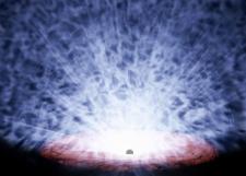Artist’s impression of the supermassive black hole PDS 456. High-speed winds—illustrated in white—are being ejected from the vicinity of the black hole. (Credit: JAXA)