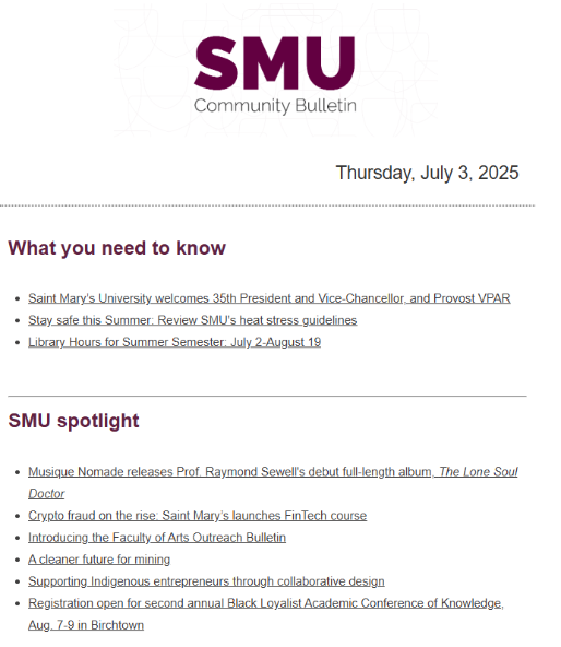 Screenshot of a SMU community bulletin in an email