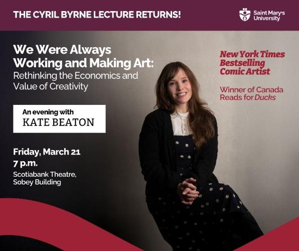 A poster promoting the 2025 Cyril Byrne Lecture with Kate Beaton