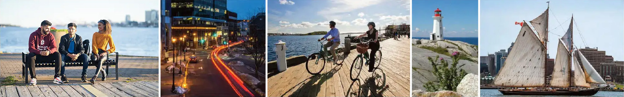 Decorative picture of Nova scotia including beaches, cyclists, a lighthouse and a sailing ship.